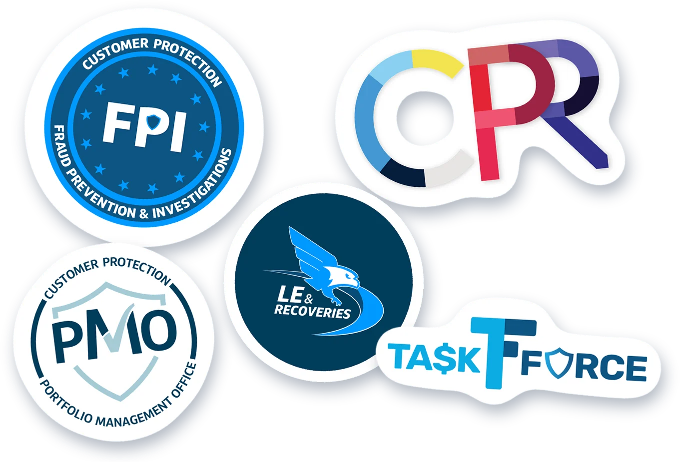 Stickers of five Capital One team marks: FPI, CPR, LE & Recoveries, PMO, and Task Force