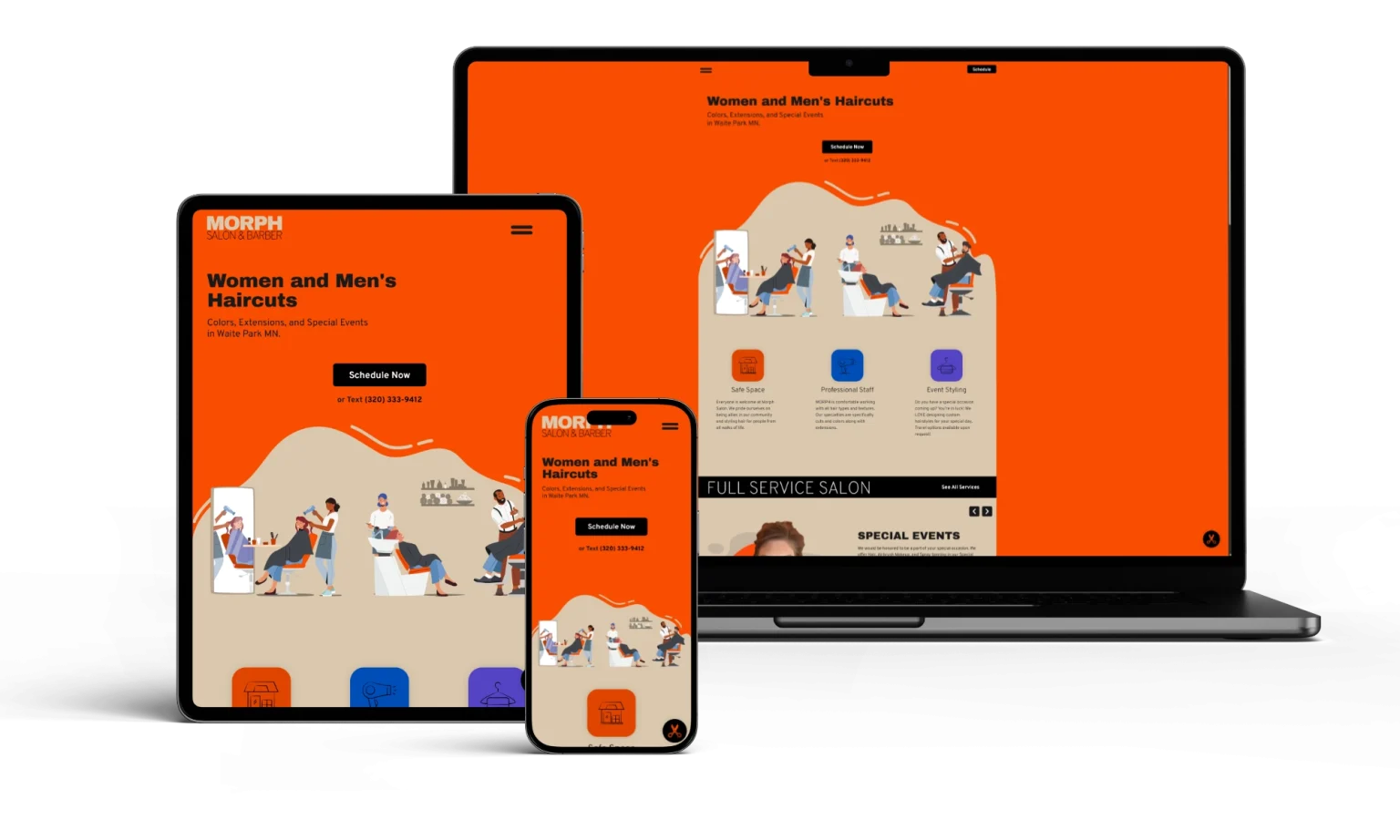 Morph Salon and Barber website shown on phone, tablet, and laptop